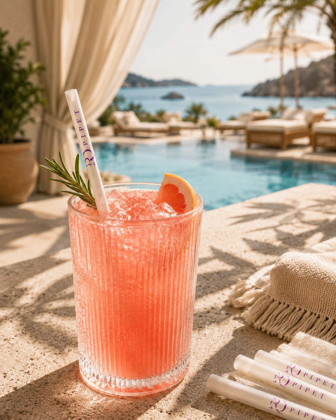 Bodrum otel ve beach işletmeleri için logo baskılı pipetli kokteyl servisi