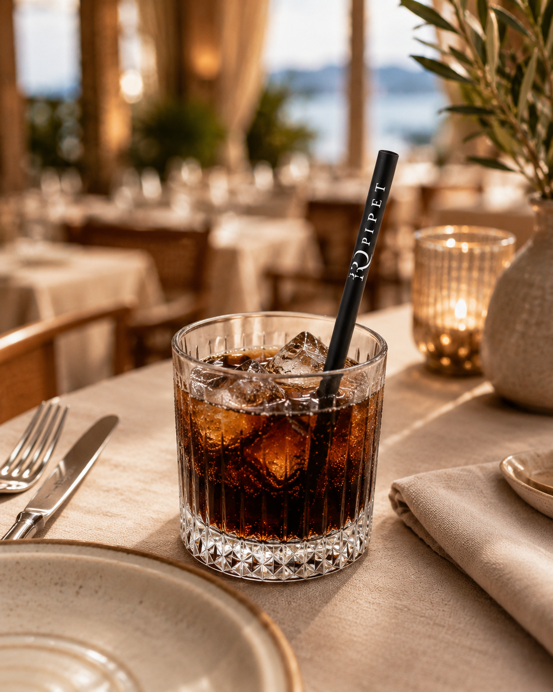 Bodrum restoran için logo baskılı koyu renk pipetli içecek servisi